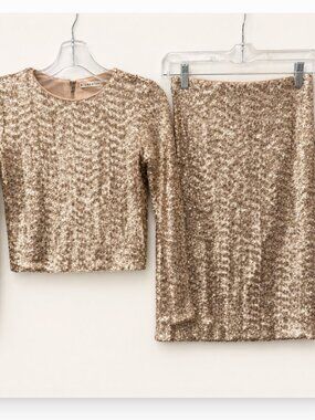 Alice + Olivia Champagne Sequin Long Sleeve Crop Top Skirt Set 0 Co-ord Set